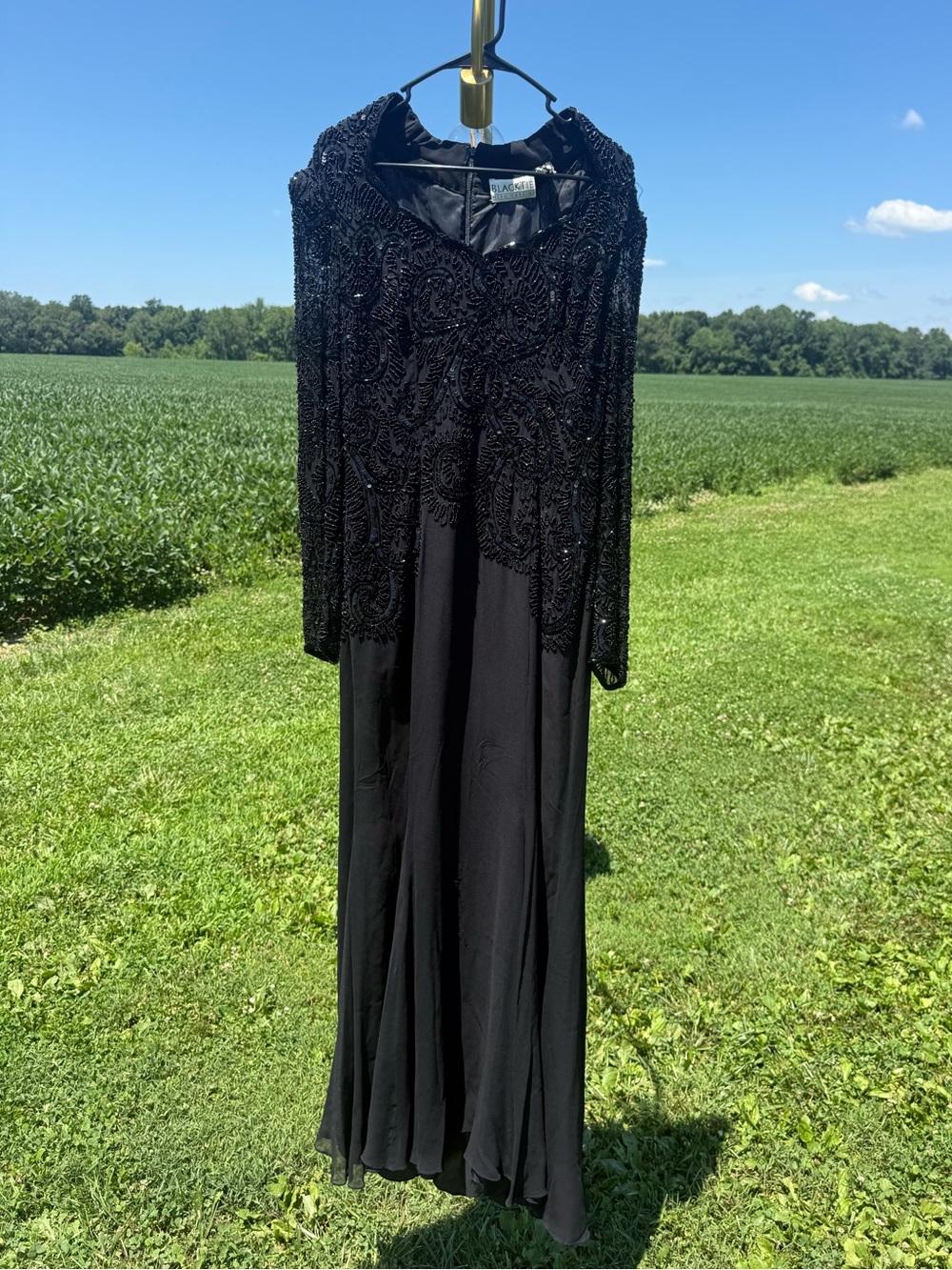 VINTAGE 1980s Oleg Cassini Black Beaded Long Evening Dress